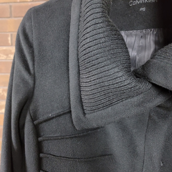Calvin Klein black wool zip pea coat, sweater detail collar, petite 12 - Picture 7 of 12